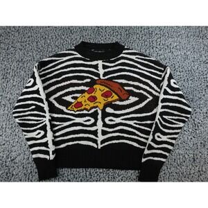 Zara Pizza Graphic Knit Sweater Black White Crew Neck Long Sleeve Pullover